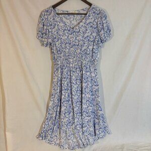 Indigo Rose Blue Floral Midi Dress Size L Smocked Waist Puff Sleeve Cottagecore